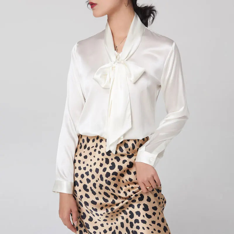 Bow V-Neck Mulberry Silk Blouse