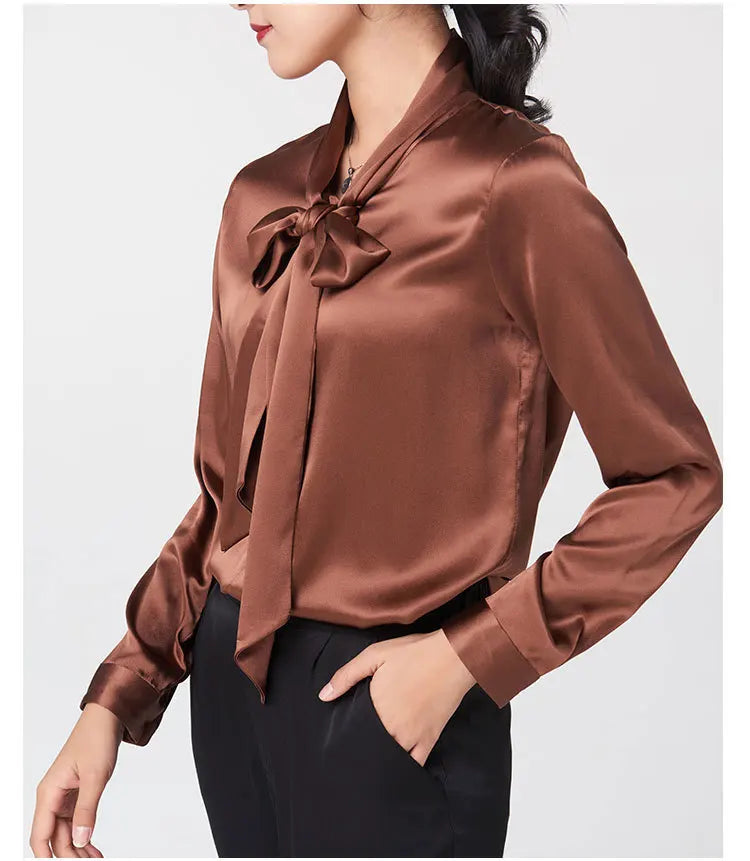 Bow V-Neck Mulberry Silk Blouse