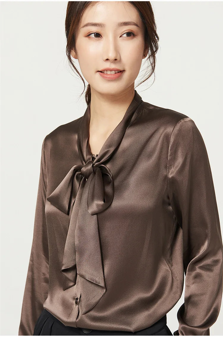 Bow V-Neck Mulberry Silk Blouse