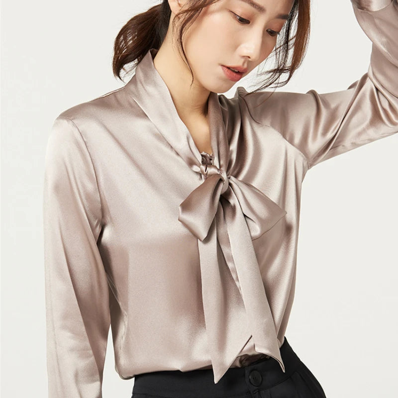 Bow V-Neck Mulberry Silk Blouse